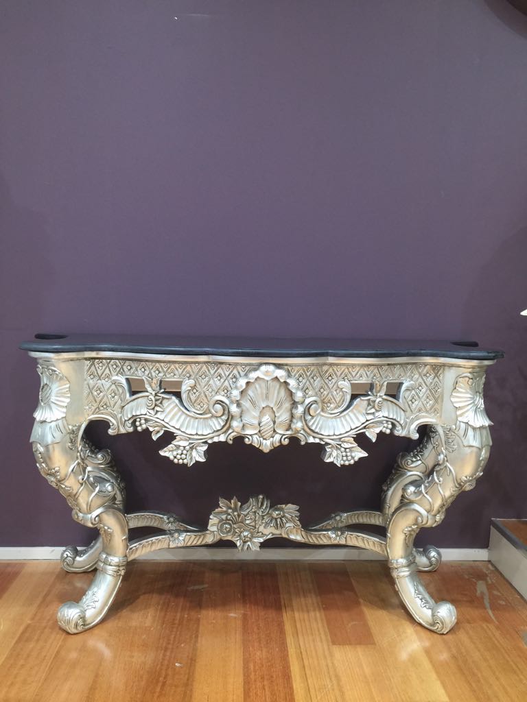French Hall Table, Silver Color Granite Top